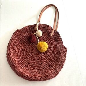American Eagle Straw Woven Large Pom Pom Tote Bag‎ Beach Bag